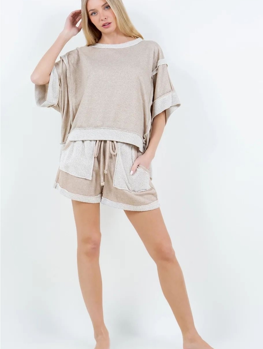 Taupe and Cream Two-Piece Lounge Set - Cozy Shorts & Top